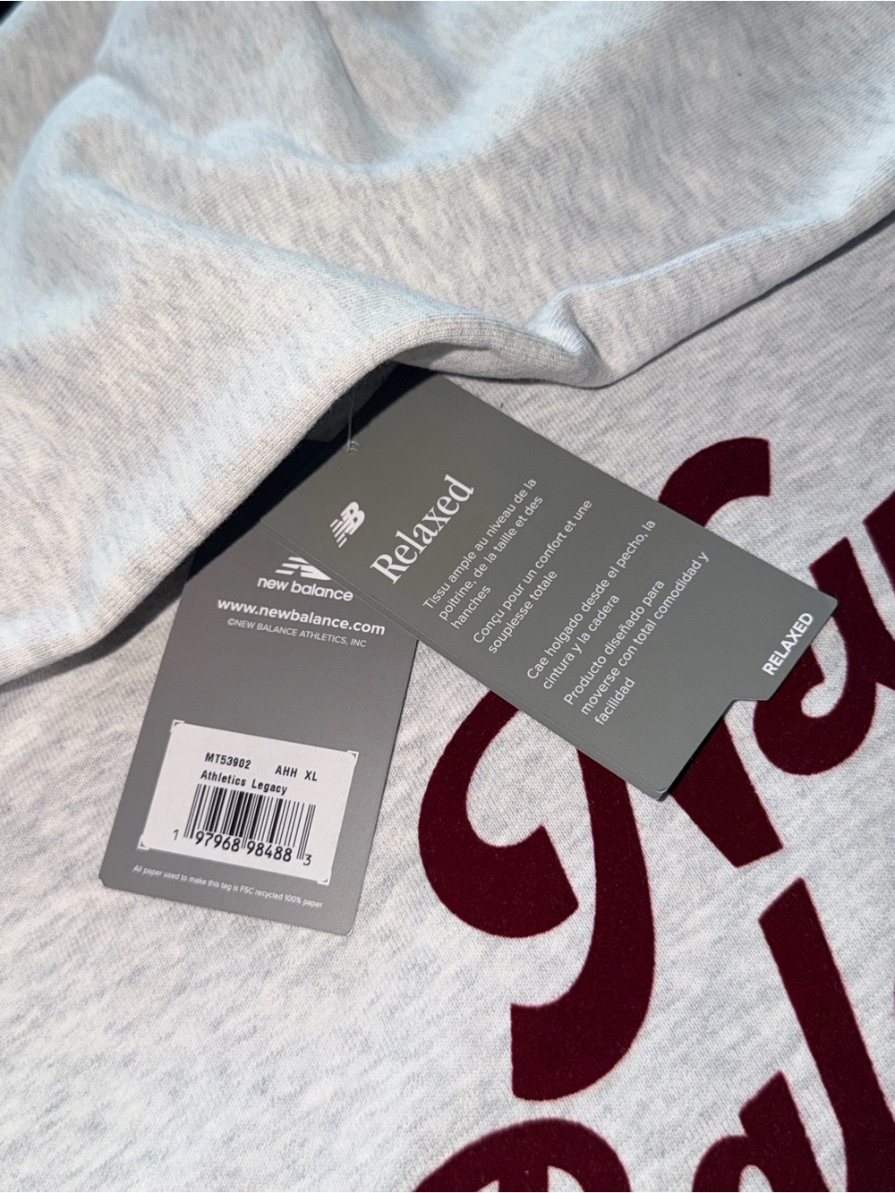 New Balance Athletics Legacy Hoodie Athletic Heather Grey Burgundy script XL NWT - Picture 4 of 5